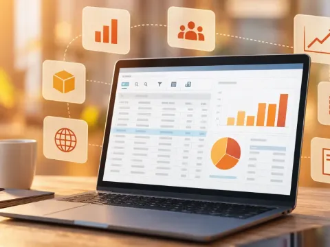 Dashboard di analisi aziendale con grafici e icone collegate ai dati di Business Central