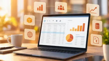 Dashboard di analisi aziendale con grafici e icone collegate ai dati di Business Central