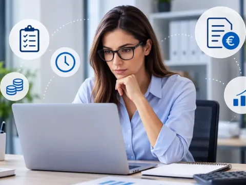 Contabile concentrata al computer durante il controllo della fatturazione di progetti e commesse.