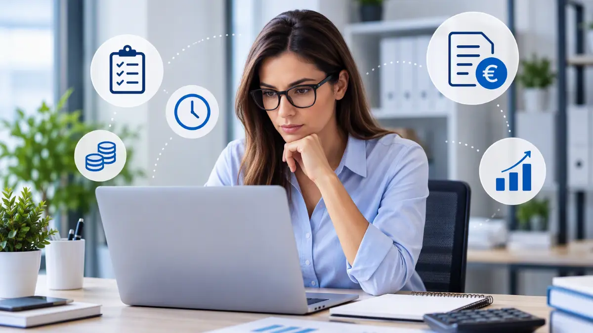 Contabile concentrata al computer durante il controllo della fatturazione di progetti e commesse